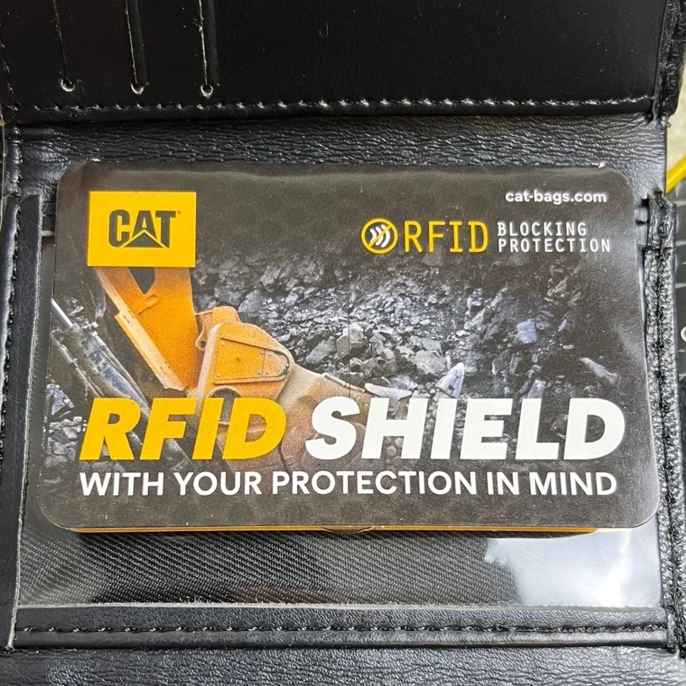 Men's‎ Wallet Black Caterpillar Trifold RFID Wallet Enamel Logo Rugged